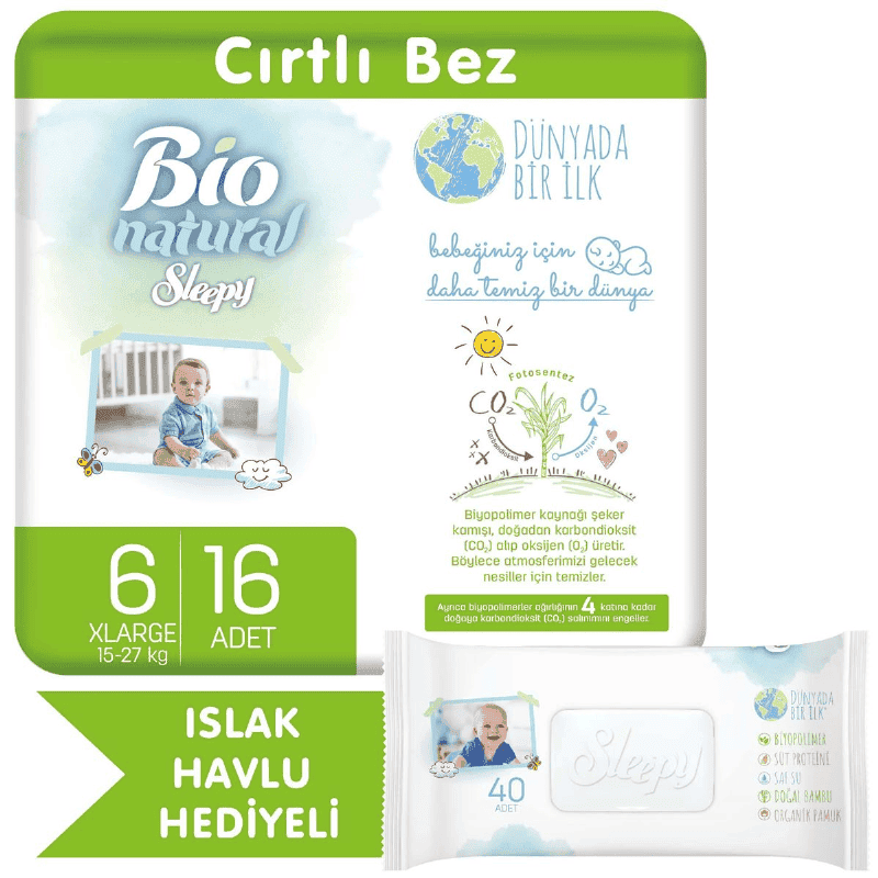 Sleepy Bio Natural Bebek Bezi No 6 X Large 16�lı + Islak Havlu Hediyeli